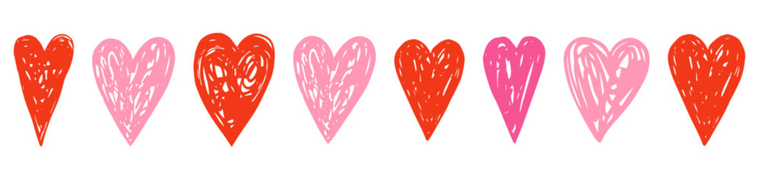 Hand drawn vector doodle hearts, various red and pink irregular sketchy shapes with grungy rough texture for Valentine's day, wedding and love themed designs