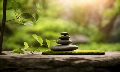 Poster A Tranquil Arrangement of Balanced Zen Stones on a Mossy Boulder, Nature Background, Wallpaper, Spa, Massage, Embodying Peaceful Atmosphere, Meditation, Mindfulness, and Healing Nature, Therapy © MindShiftMasteryHub