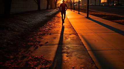 Jogger's Shadow Stretching Long on a Sidewalk at Sunset.