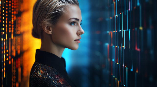 Portrait of young european fashionable female model, shot from the side, smiling, looking to the side, vibrant digital matrix code background