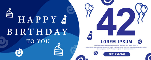 42 year celebration Creative Happy Birthday Text. Blue color decorative banner design, Vector illustration. - obrazy, fototapety, plakaty