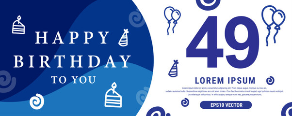 49 year celebration Creative Happy Birthday Text. Blue color decorative banner design, Vector illustration.