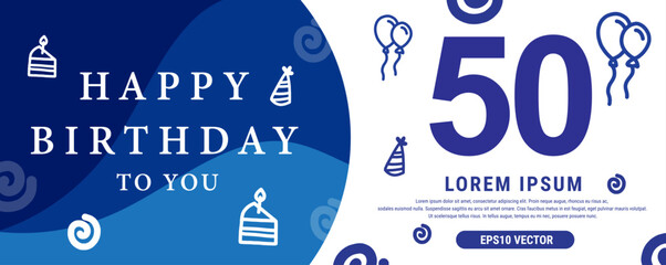 50 year celebration Creative Happy Birthday Text. Blue color decorative banner design, Vector illustration. - obrazy, fototapety, plakaty