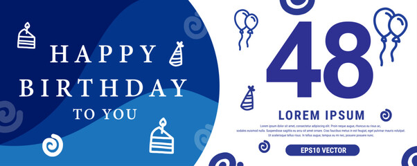 48 year celebration Creative Happy Birthday Text. Blue color decorative banner design, Vector illustration.