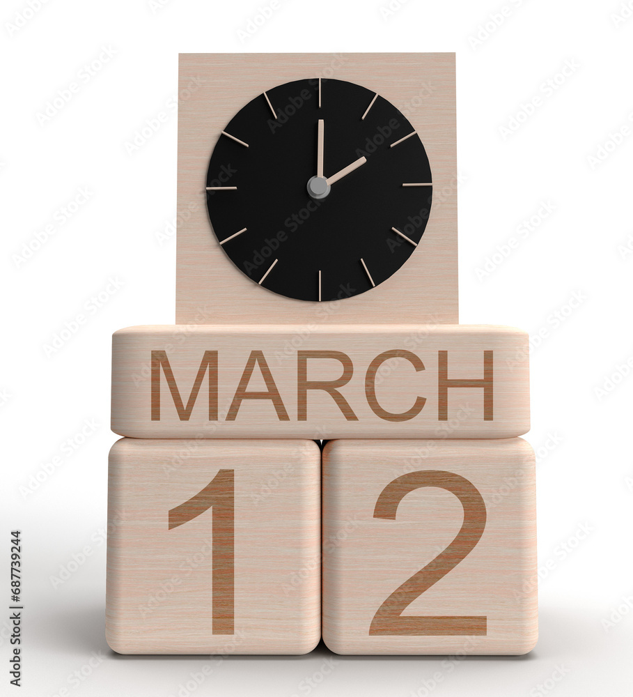 Poster cube square block wooden 12 twelve date day march month clock alarm time 2am symbol sign icon daylig