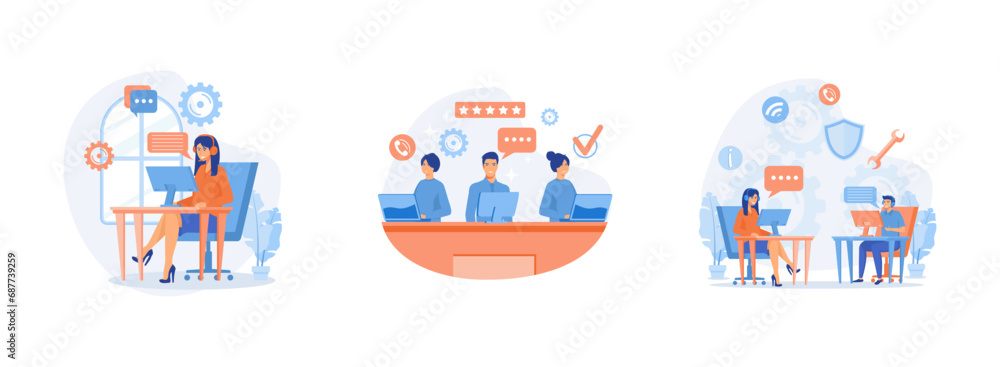 Poster customer service. smiling office operators with headsets,hotline operators consult customers with he
