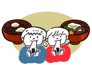 餅を食べる男の子と女の子とお雑煮とおしるこ　手描き風イラスト