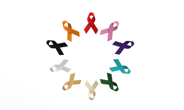 ribbon bow colourful red orange yellow pink violet purple blue green white black brown colour circle round teamwork harmonious group object symbol world cancer day february female woman lady girl ill
