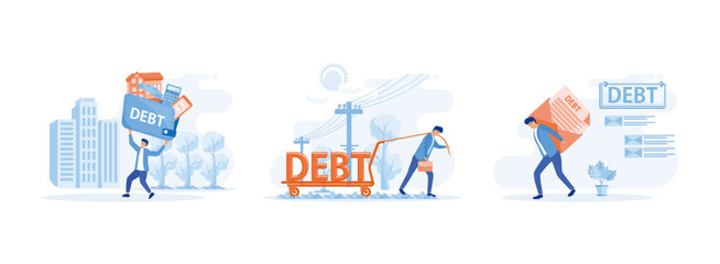 Businessman carrying heavy debt burden, sweating and pulling  Man in suit. Debt burden set flat vector modern illustration 