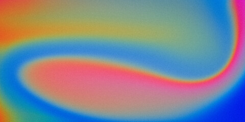 Orange blue pink yellow azure wavy wide background. Blurred pattern with noise effect. Grainy website banner, desktop template, digital gradient. Nostalgia style Christmas New Year Valentine Halloween