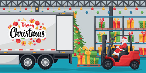 Warehouse with pallet racks with boxes. Santa Claus driving a forklift loading gift into a container truck. Christmas campaign for cargo logistics and shipping of high demand merchandise for season
