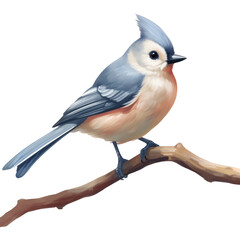 Illustration of a tufted titmouse songbird perched on a tree branch, transparent background (PNG) - obrazy, fototapety, plakaty