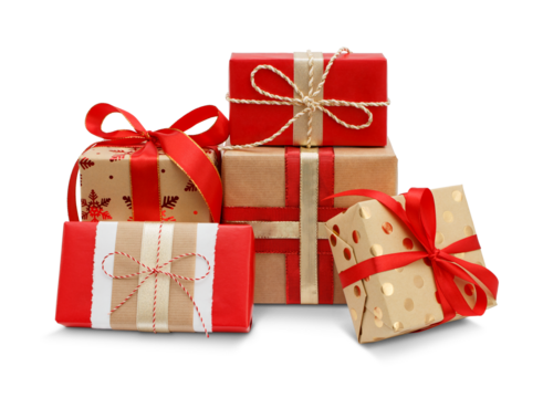 Gift boxes with the red ribbons in eco paper isolated on the white background