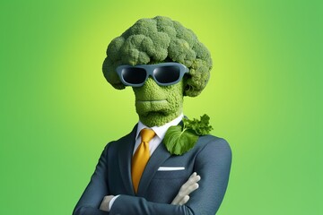 Confident cool broccoli dressed as a spy, concept of Good diet