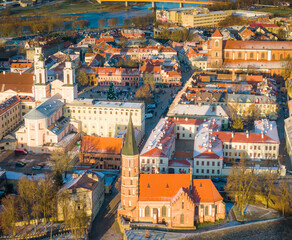 Aerial view of Kaunas old town in winter. Drone view of city center and Vytautas Magnus church