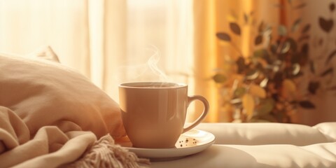 Fototapeta na wymiar warm cup of tea on a sofa, generative AI