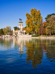 Retiro park cityscape lake in daylight, Madrid, Spain