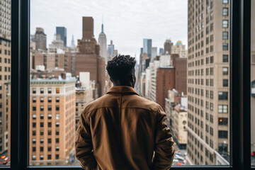 An unrecognizable young Afro man observes the city from an apartment window.