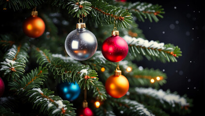 Fototapeta na wymiar Colorful Christmas Ornaments on Fir Branches 3