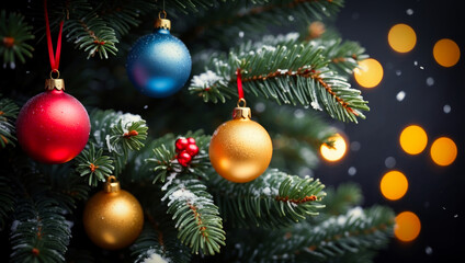 Fototapeta na wymiar Colorful Christmas Ornaments on Fir Branches 12