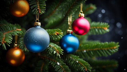 Fototapeta na wymiar Colorful Christmas Ornaments on Fir Branches 9