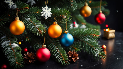 Fototapeta na wymiar Colorful Christmas Ornaments on Fir Branches 43