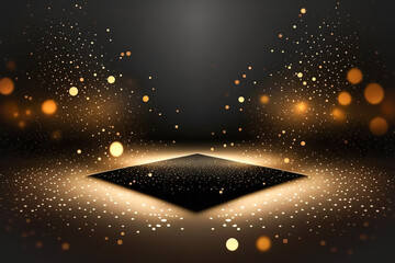 Creative black dance floor stage, empty podium, black gold background with lights and bokeh. Minimalism, product - obrazy, fototapety, plakaty