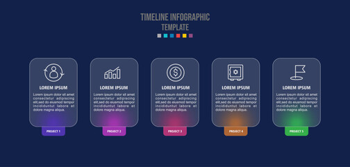 Business timeline chart template. Infographic 5 steps. Glass morphism effect. Vector