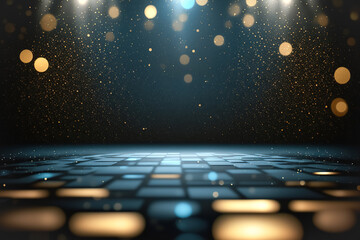 Creative dark blue dance floor stage, empty podium, black gold background with lights and bokeh. Minimalism, product