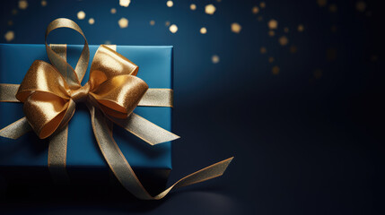 A strong blue gift ribbon with a bow against a dark background