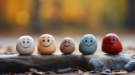 Happiness Rocks,  Vision of Enjoyment. Colorful Stones with Smiling Faces Symbolize Harmony and a Positive State of Mind.