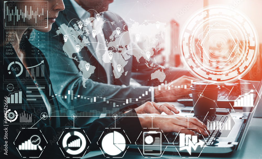 Poster data analysis for business and finance concept. interface showing future computer technology of prof
