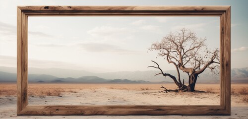 the essence of a wooden picture frame showcasing a surreal empty landscape against a neutral background. The empty mockup sparks imagination.