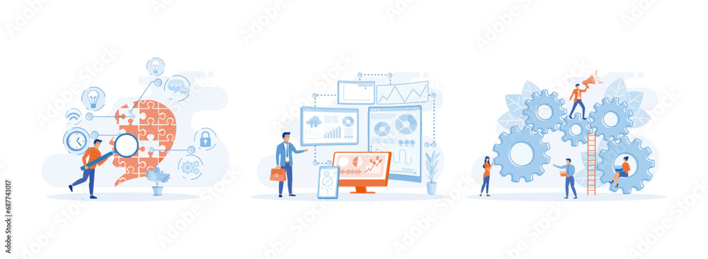 Poster digital transformation. data analysis and digitization, businessman employee working with laptop on 