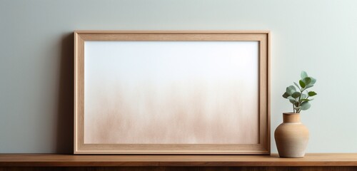 A wooden picture frame is showcased by a camera, displaying an abstract pattern on a muted background. The empty mockup suggests a blend of artistry and simplicity.