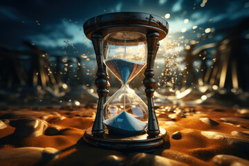A shattered hourglass with sand suspended in mid-air, capturing the frozen moment between the...