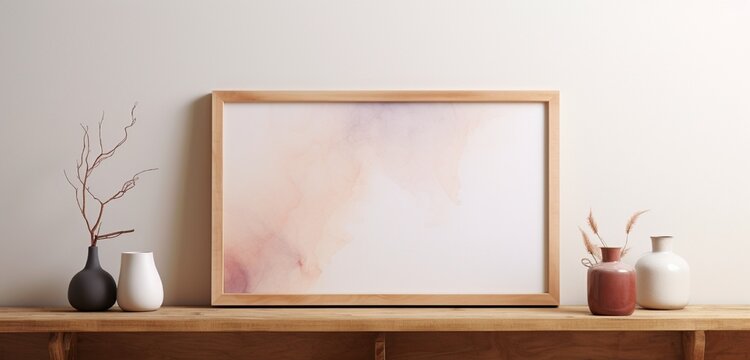 A wooden frame with an ethereal abstract painting against a beige wall, as captured by a camera, creates an empty mockup that embraces artistic expression.