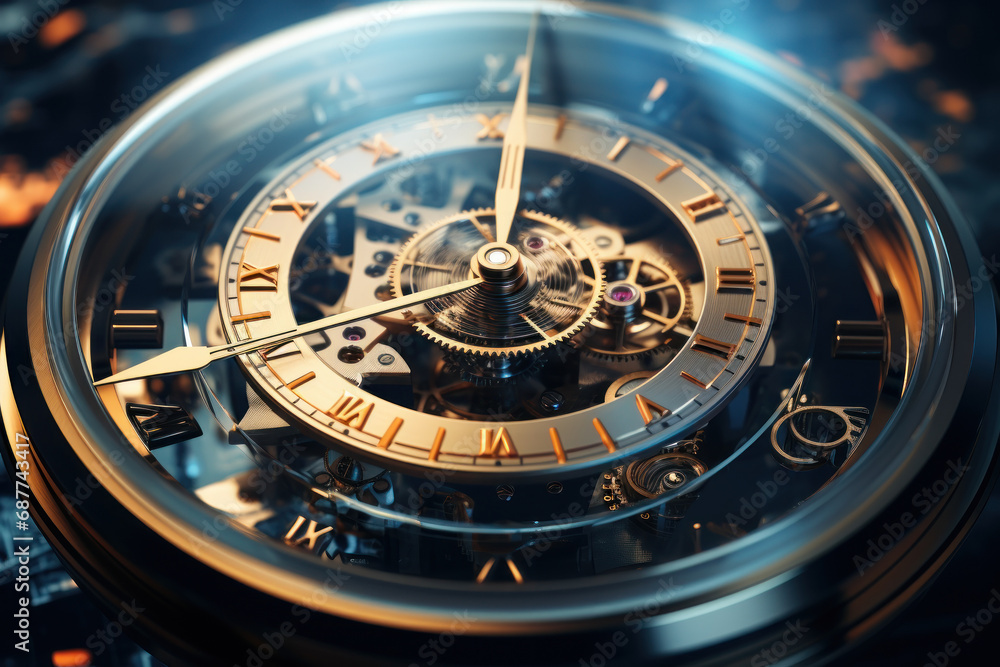 Poster a clock face created from layers of overlapping transparent sheets, giving a sense of depth and comp