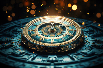 A clock composed of intricate mandala patterns, symbolizing the cyclical and spiritual aspects of time. Concept of temporal spirituality. Generative Ai. - obrazy, fototapety, plakaty
