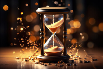 An hourglass with sand shaped like musical notes falling into the lower chamber, illustrating the rhythmic nature of time. Concept of temporal harmony. Generative Ai.
