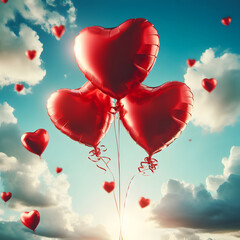 red heart-shaped balloons flying with the sky in the background. Generative AI