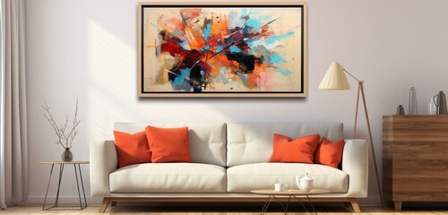 An energetic abstract painting housed in a wooden frame embellishes a beige wall. The canvas within the frame is devoid of any art, offering a blank canvas for imagination.