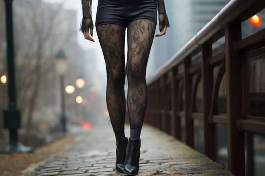Sheathed in sheer black tights, her legs exude an air of elegance and allure. Generative Ai.