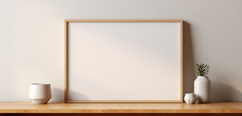 a simple wooden frame with an empty canvas hangs gracefully on a beige wall. The empty mockup radiates a sense of minimalistic charm and artistic potential.