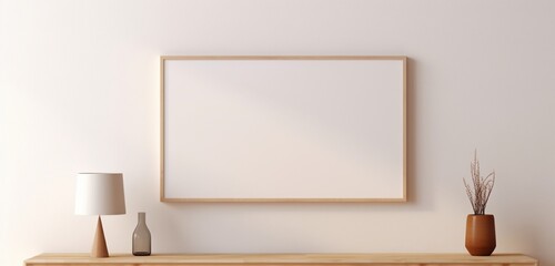 a simple wooden frame with an empty canvas hangs gracefully on a beige wall. The empty mockup radiates a sense of minimalistic charm and artistic potential.