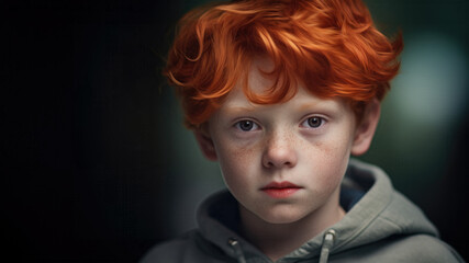 Studio portrait of a young boy with bright red hair, wearing a grey hoodie. He is staring directly into the viewer, capturing their attention.