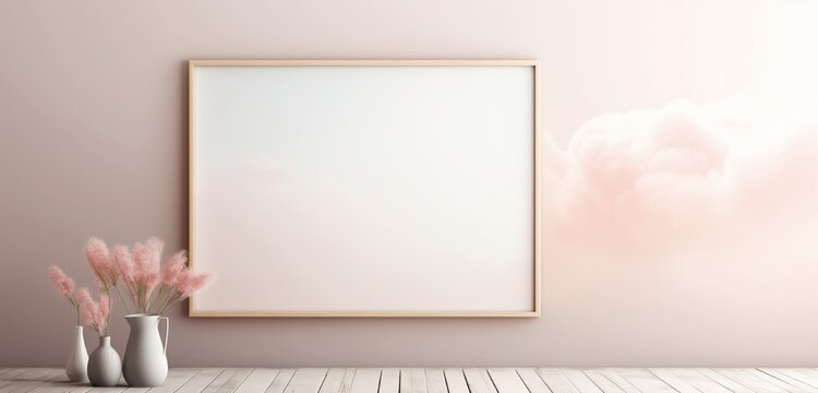 a wooden frame with an empty canvas against a soft pastel backdrop creates a serene and contemporary art mockup. The scene exudes calmness and offers a canvas for imaginative expression.