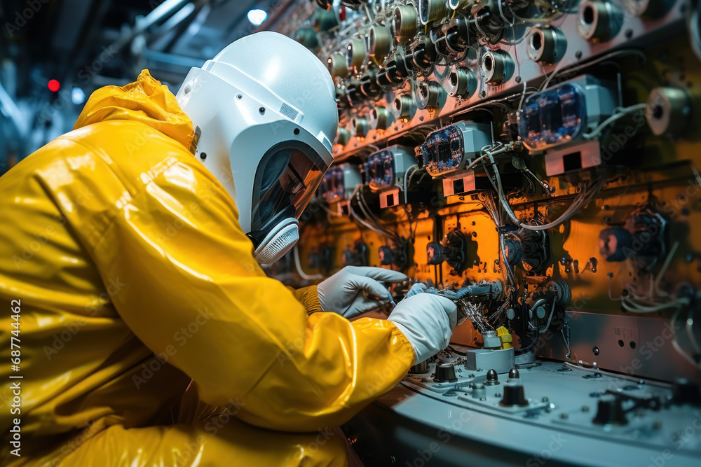 Poster a worker in protective gear conducting a routine inspection of reactor components, emphasizing the c