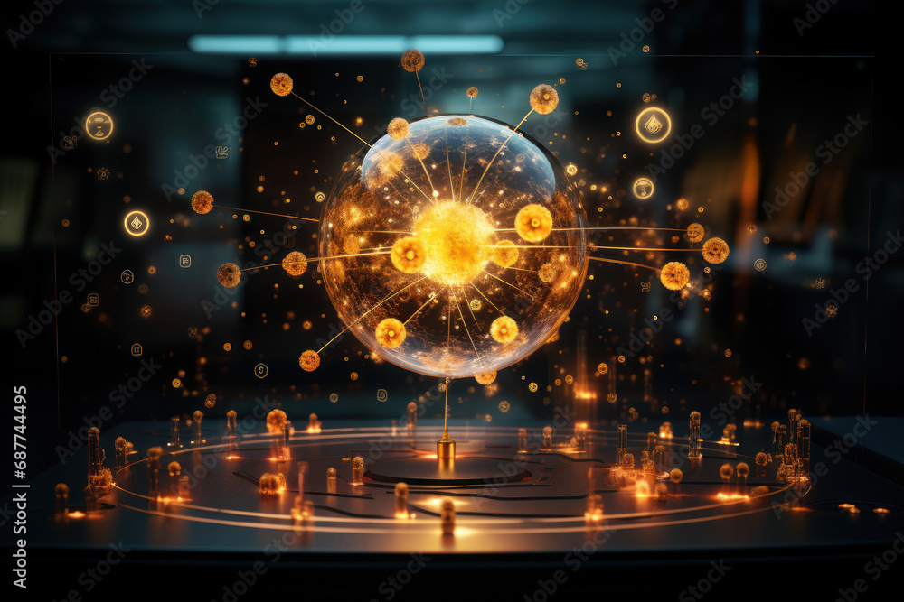 Poster a computer simulation of nuclear reactions, showcasing the sophisticated modeling and simulations us