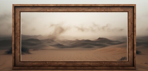 Captured by a camera, a wooden picture frame exhibits a surreal empty landscape on a neutral background. The empty mockup evokes a sense of wonder.